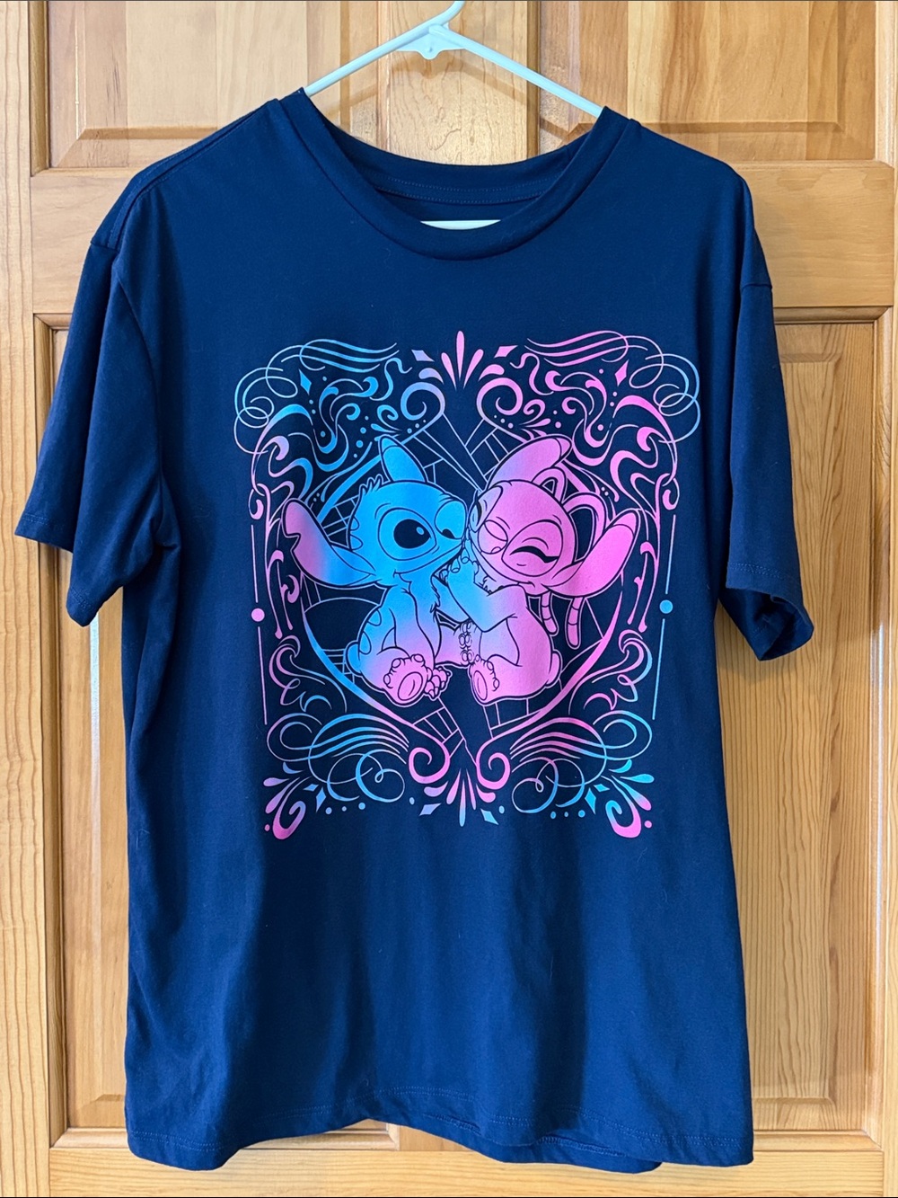 Disney Navy Blue Tee with Pink & Teal Stitch Heart Artwork